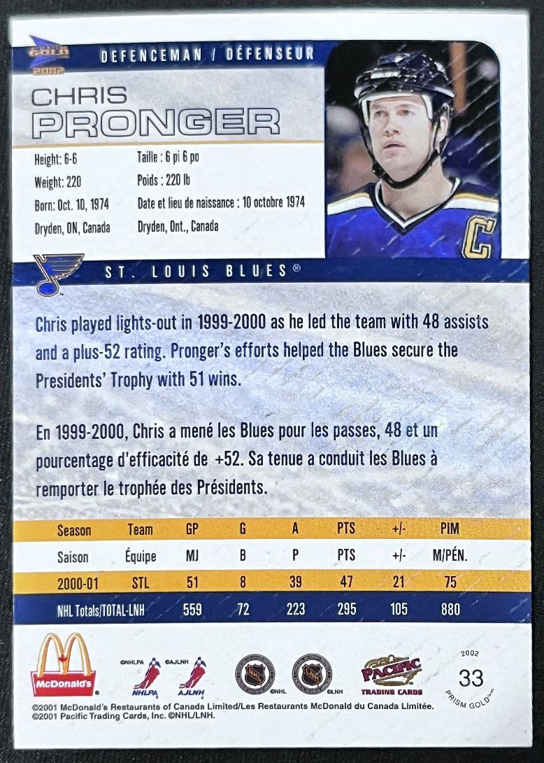 2001-02 Pacific McDonald's Chris Pronger St. Louis Blues #33