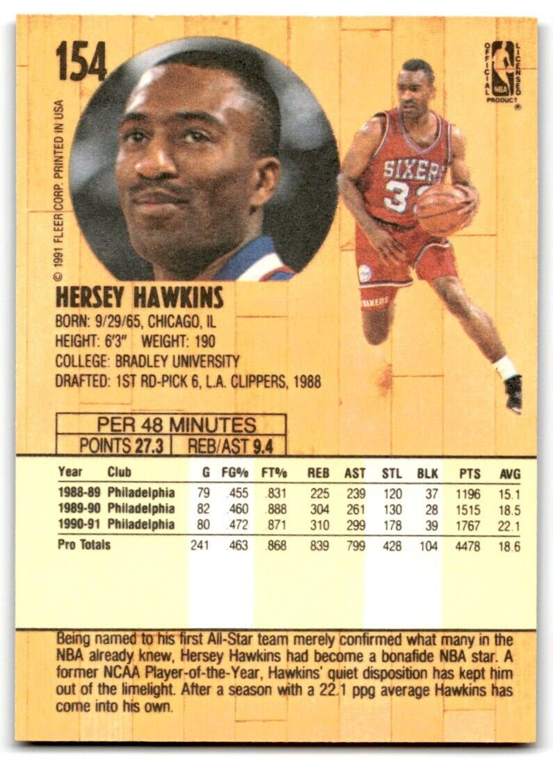 1991-92 Fleer Hersey Hawkins Philadelphia 76ers #154