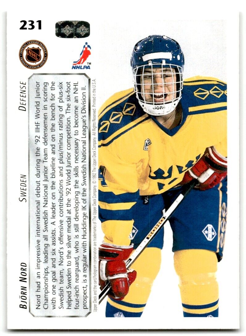 1992-93 Upper Deck Bjorn Nord Rookie Sweden #231