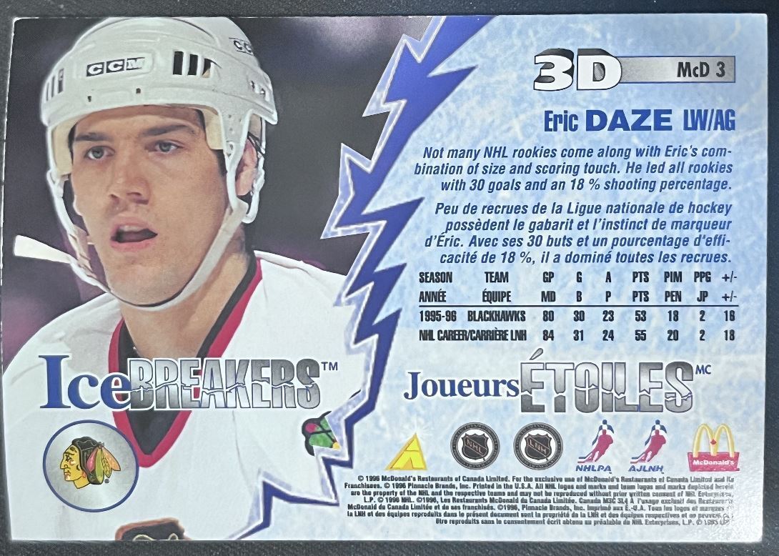 1996-97 Pinnacle McDonald's 3D Ice Breakers Eric Daze Chicago Blackhawks #MCD3