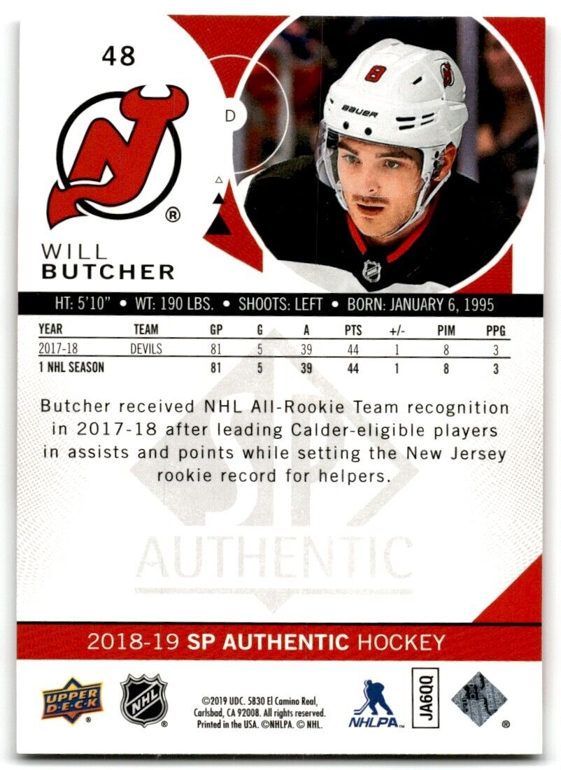 2018-19 SP Authentic Will Butcher New Jersey Devils #48