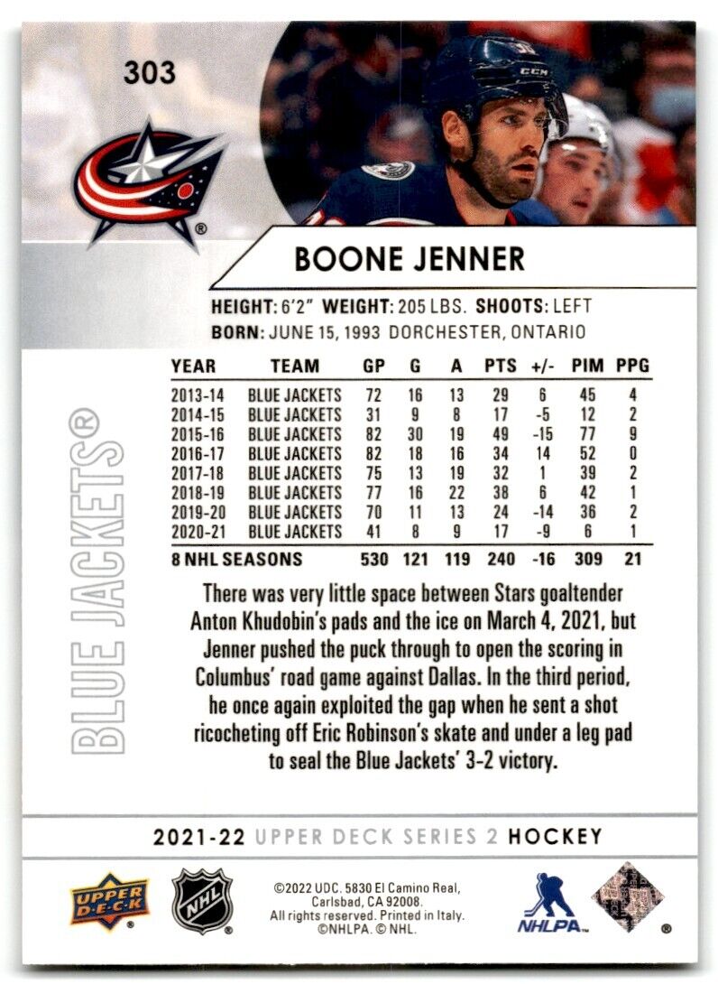 2021-22 Upper Deck Boone Jenner Columbus Blue Jackets #303