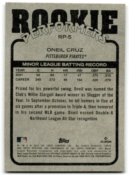 2022 Topps Heritage High Number Rookie Performers Oneil Cruz Rookie Pittsburgh