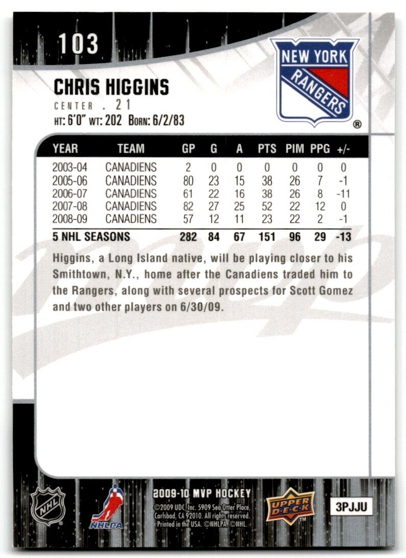 2009-10 Upper Deck MVP Chris Higgins New York Rangers #103