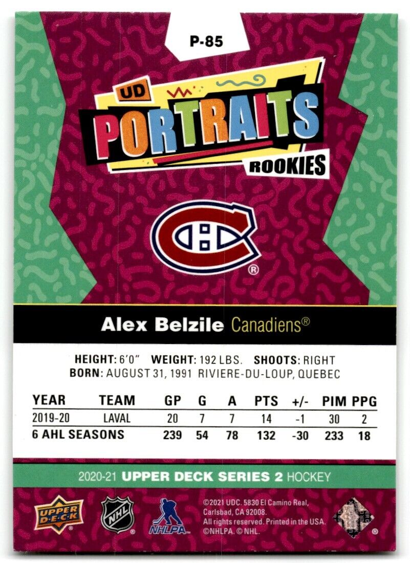 2020-21 Upper Deck UD Portraits Alex Belzile Rookie Montreal Canadiens #P-85