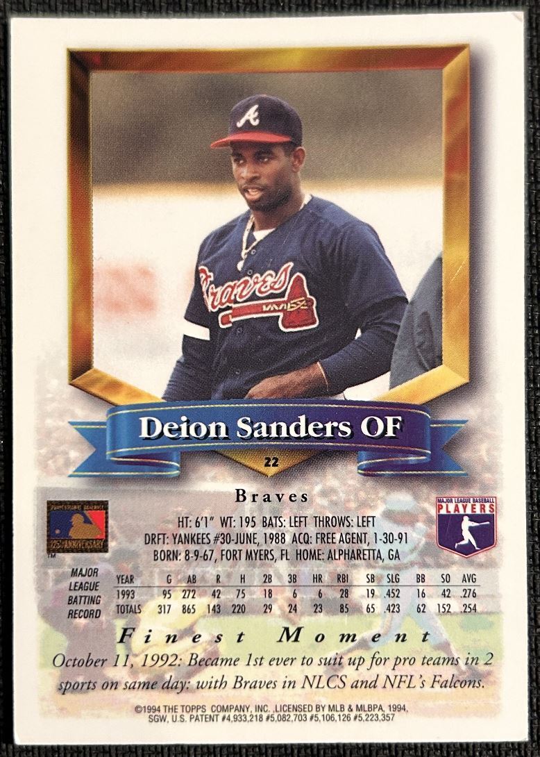 1994 Topps Finest Preproduction Deion Sanders Atlanta Braves #22