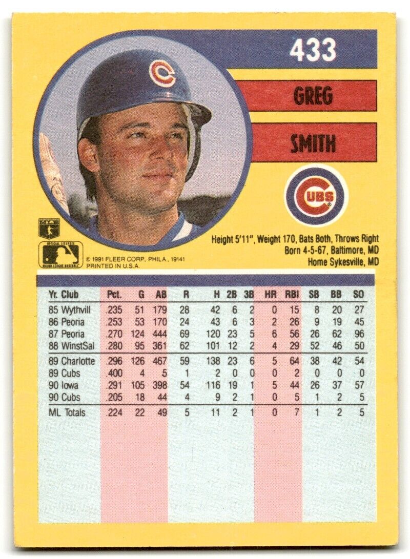 1991 Fleer Greg Smith Chicago Cubs #433