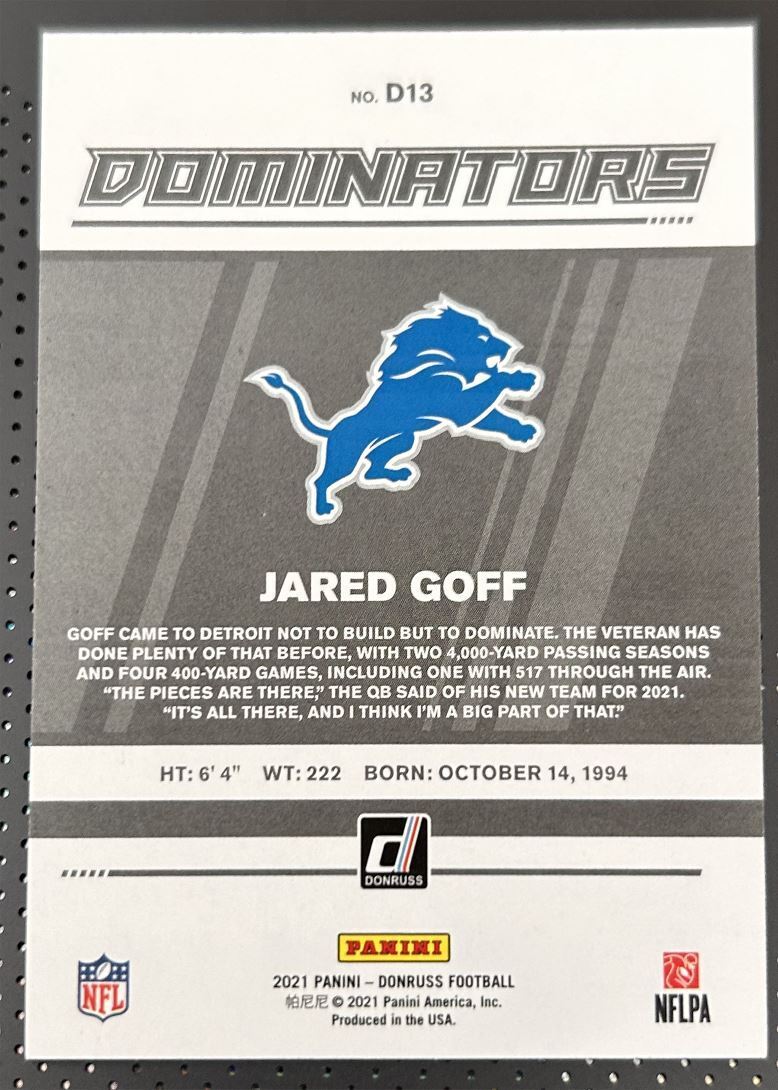 2021 Donruss Dominators Jared Goff Detroit Lions #D13