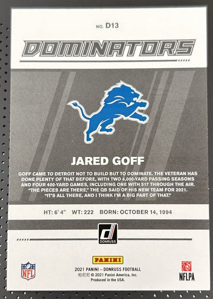 2021 Donruss Dominators Jared Goff Detroit Lions #D13