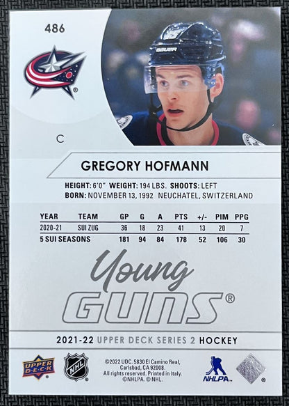 2021-22 Upper Deck Gregory Hofmann Rookie Columbus Blue Jackets #486