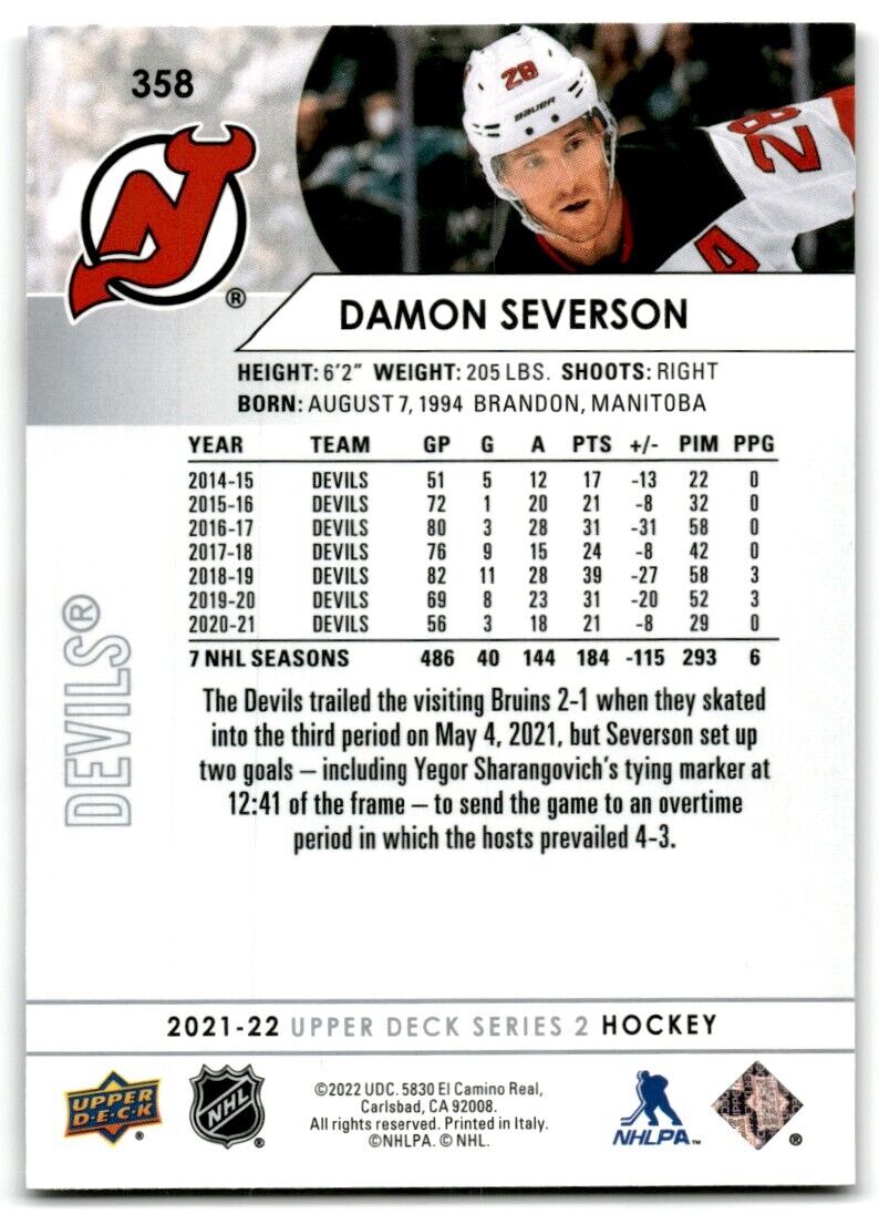 2021-22 Upper Deck Damon Severson New Jersey Devils #358