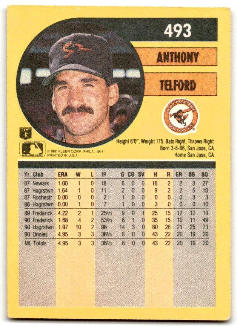 1991 Fleer Anthony Telford Rookie Baltimore Orioles #493