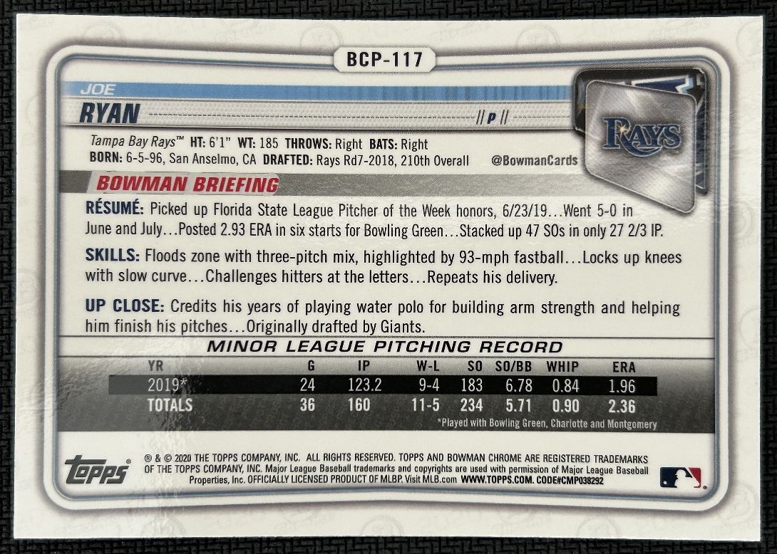 2020 Bowman Chrome Prospects Joe Ryan Tampa Bay Rays #BCP-117