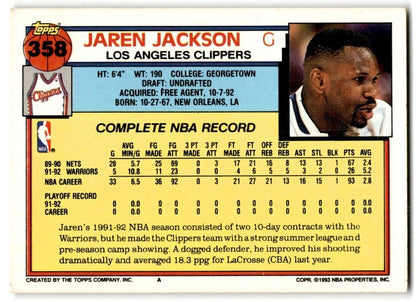 1992-93 Topps Jaren Jackson Rookie Los Angeles Clippers #358