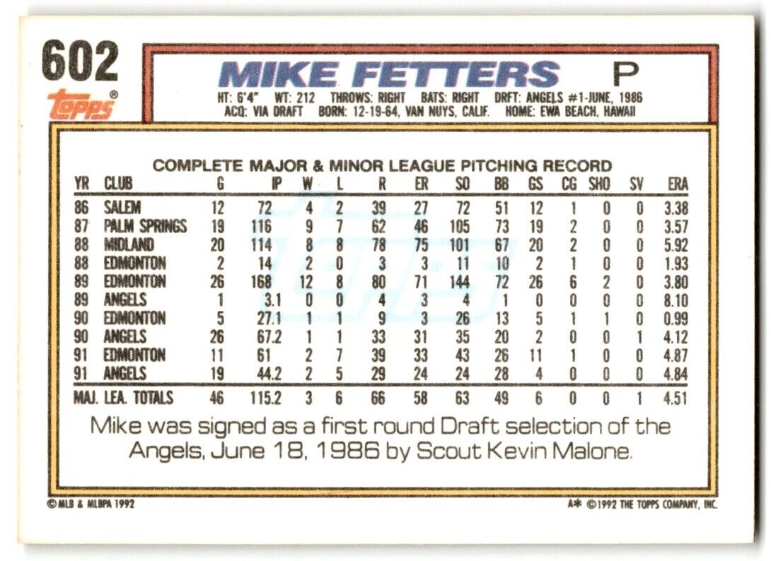 1992 Topps Mike Fetters California Angels #602