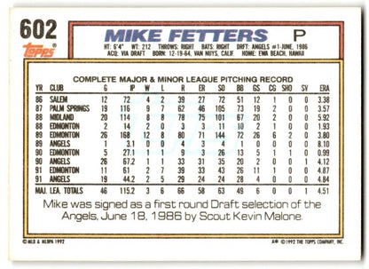 1992 Topps Mike Fetters California Angels #602