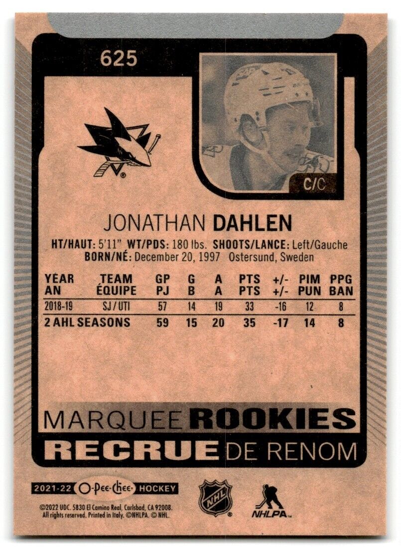 2021-22 O-Pee-Chee Markee Rookies Jonathan Dahlen Rookie San Jose Sharks #625