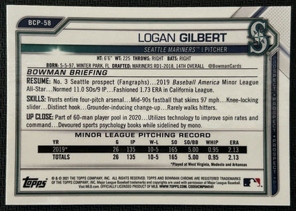 2021 Bowman Chrome Prospects Logan Gilbert Seattle Mariners #BCP-58