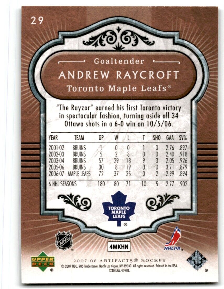 2007-08 Upper Deck Artifacts Andrew Raycroft Toronto Maple Leafs #29