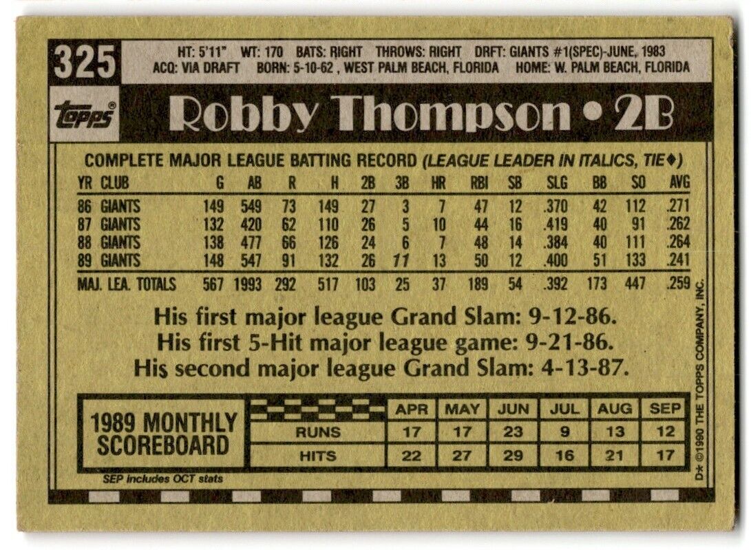 1990 Topps Robby Thompson San Francisco Giants #325