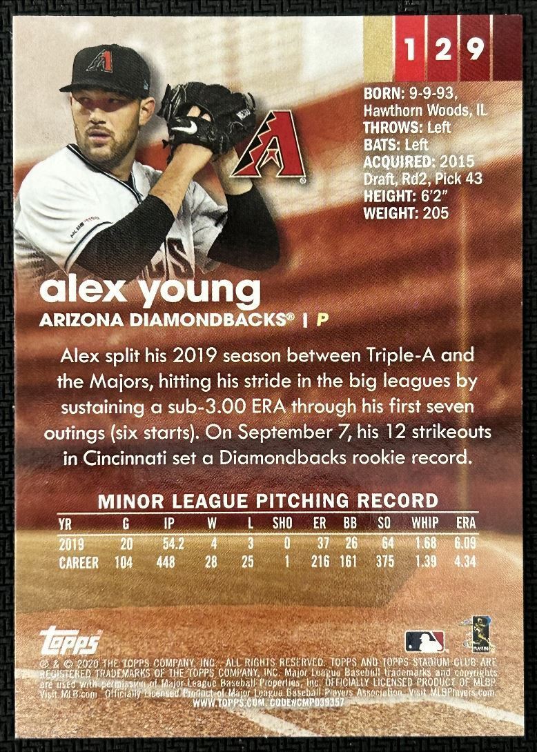 2020 Topps Stadium Club Alex Young Rookie Arizona Diamondbacks #129