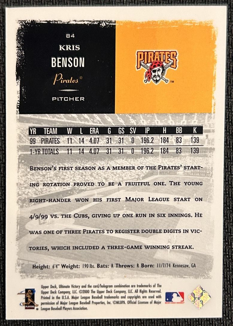 2000 Upper Deck Ultimate Victory Kris Benson Pittsburgh Pirates #84