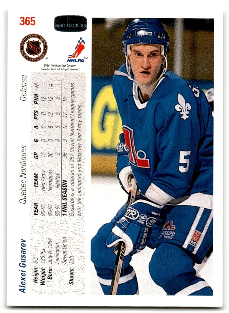 1991-92 Upper Deck Alexei Gusarov Rookie Quebec Nordiques #365