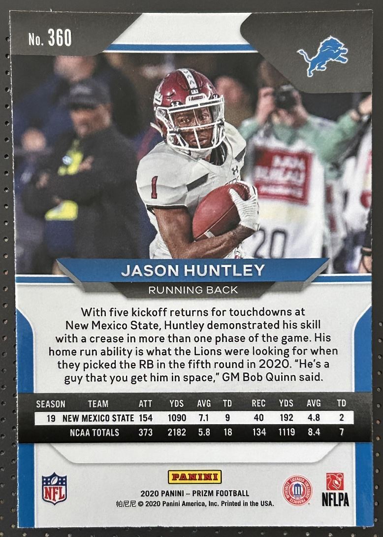 2020 Panini Prizm Jason Huntley Rookie Detroit Lions #360