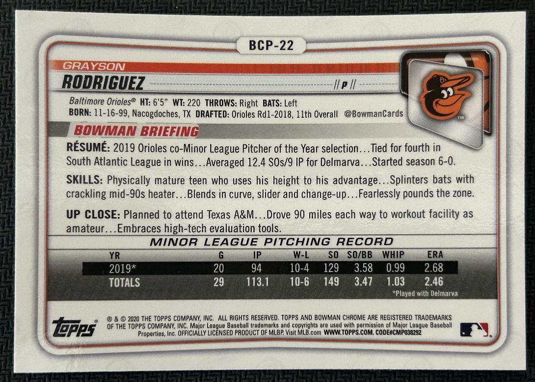 2020 Bowman Chrome Prospects Grayson Rodriguez Baltimore Orioles #BCP-22