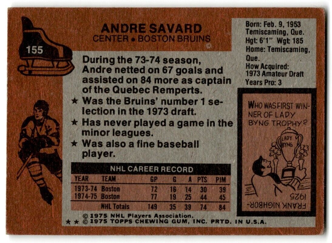 1975-76 Topps Andre Savard Boston Bruins #155