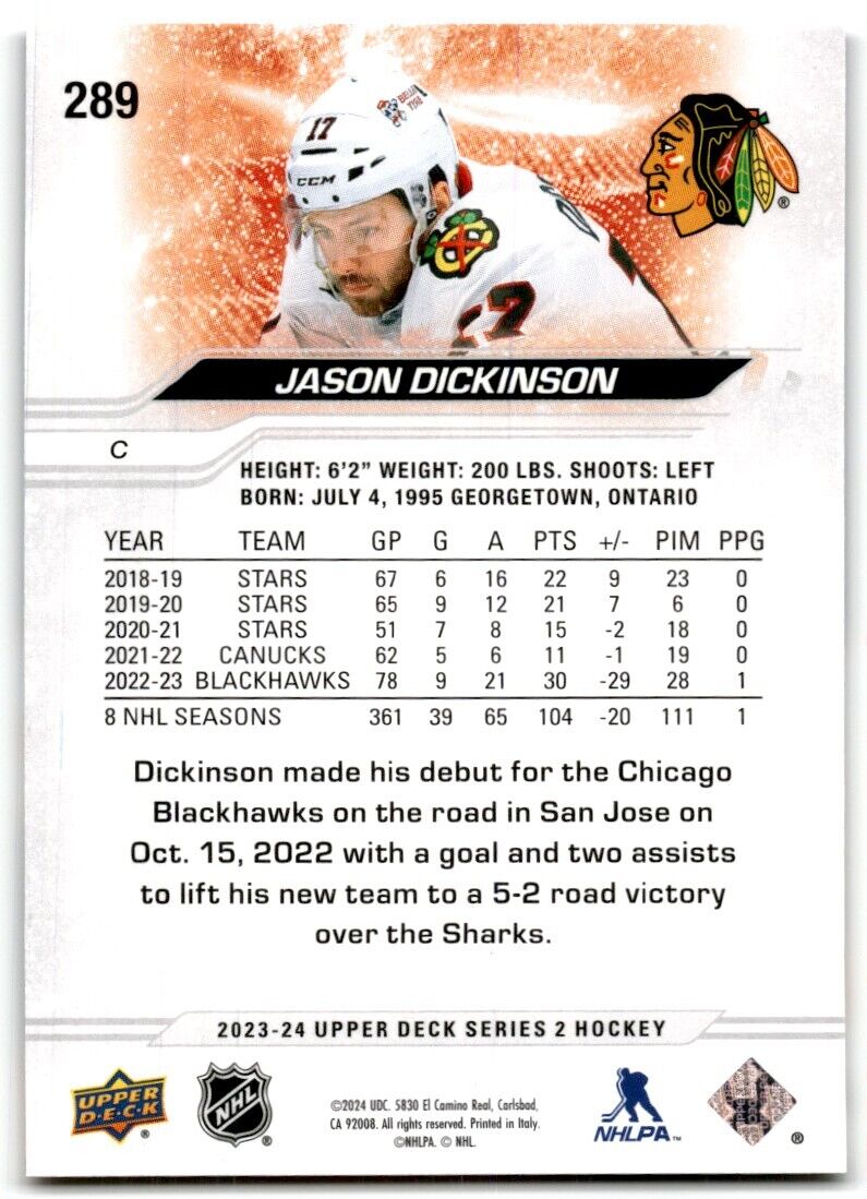 2023-24 Upper Deck Jason Dickinson Chicago Blackhawks #289