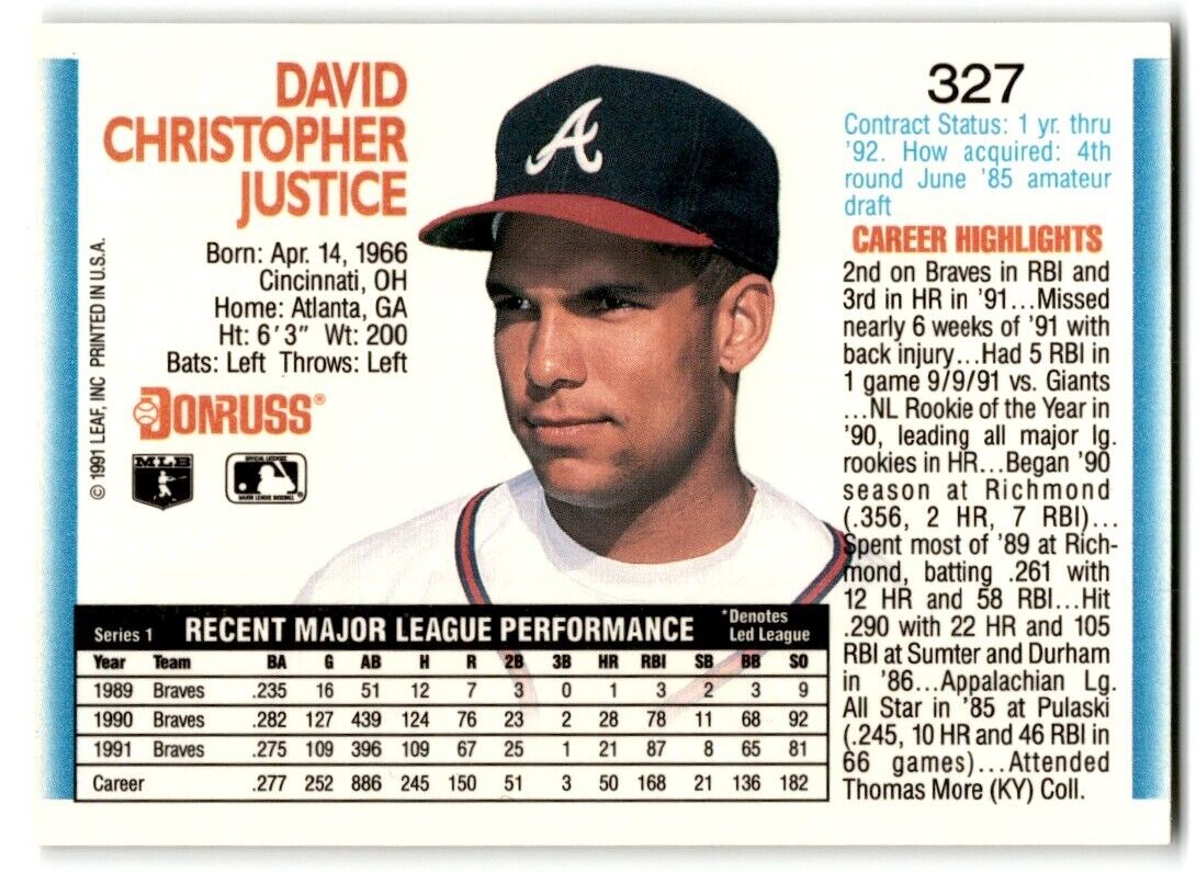 1992 Donruss Dave Justice Atlanta Braves #327