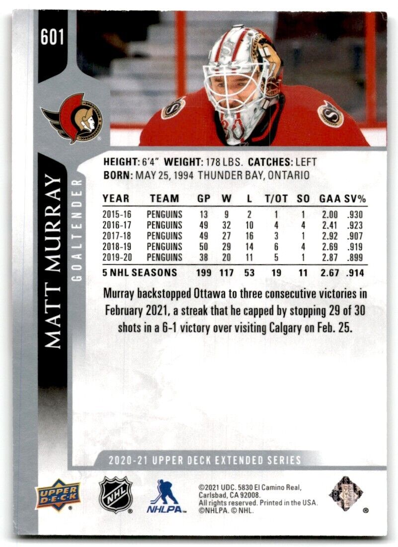 2020-21 Upper Deck Matt Murray Ottawa Senators #601