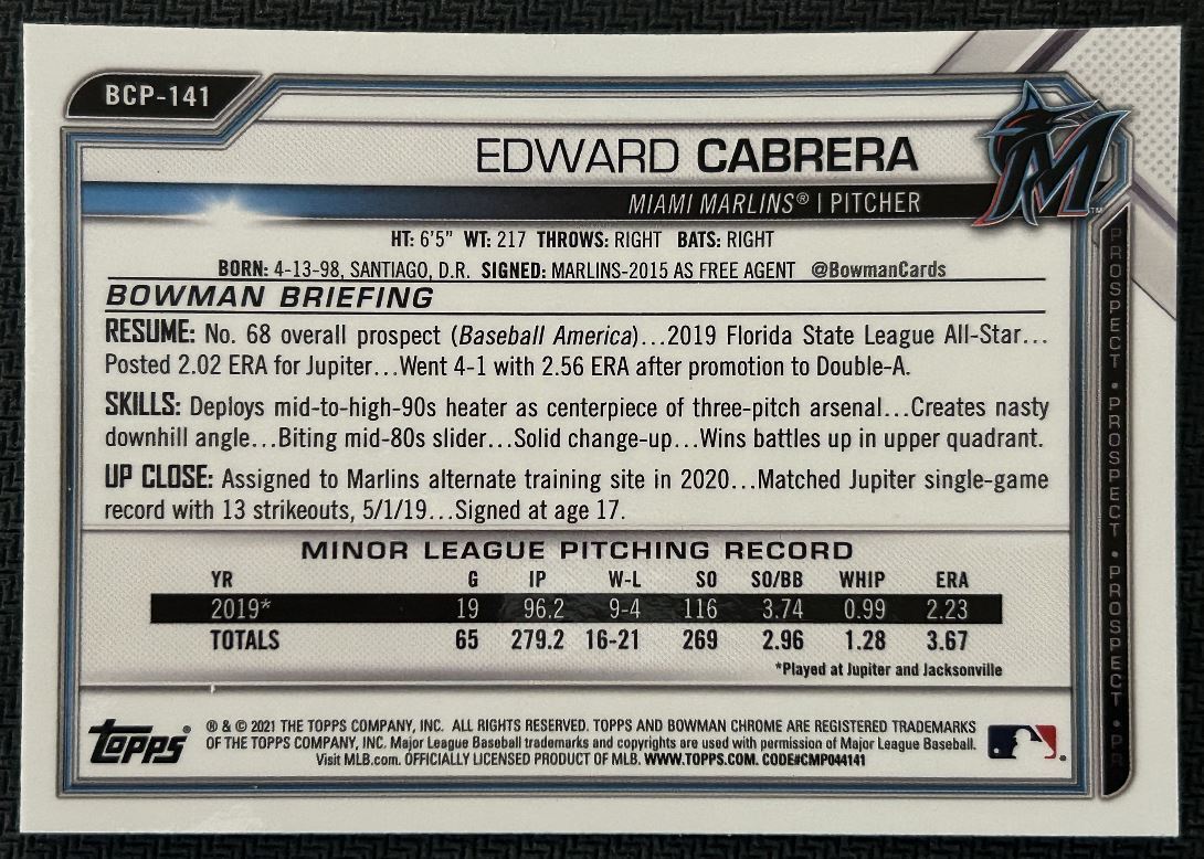 2021 Bowman Chrome Prospects Edward Cabrera Miami Marlins #BCP-141