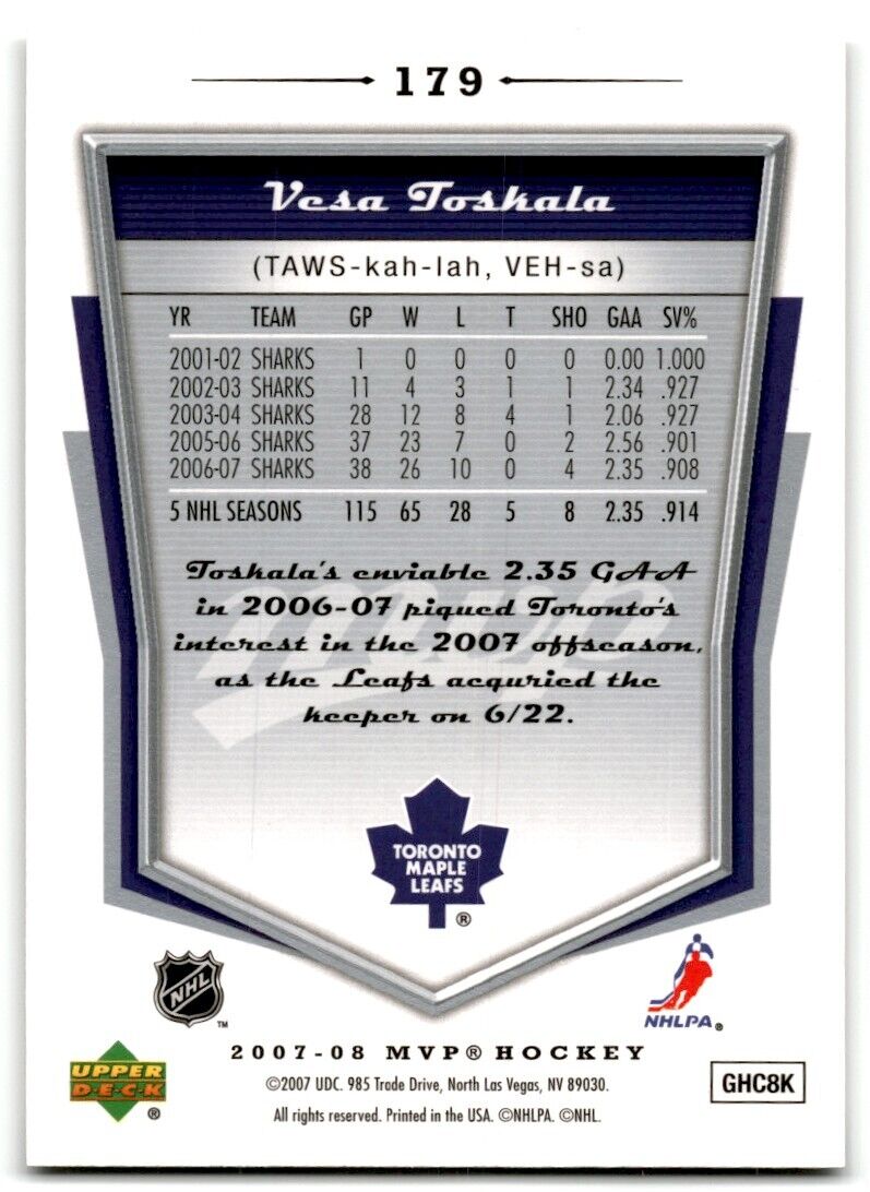 2007-08 Upper Deck MVP Vesa Toskala Toronto Maple Leafs #179