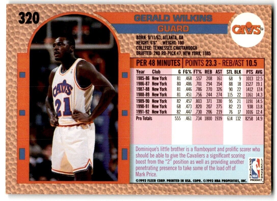 1992-93 Fleer Gerald Wilkins Cleveland Cavaliers #320