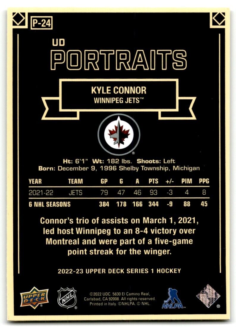 2022-23 Upper Deck UD Portraits Kyle Connor Winnipeg Jets #P-24