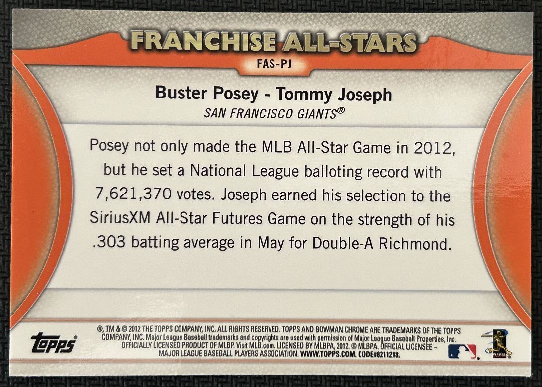 2012 Bowman Chrome Franchise All-Stars Tommy Joseph/Buster Posey San Francisco