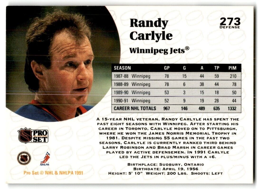 1991-92 Pro Set Randy Carlyle Winnipeg Jets #273