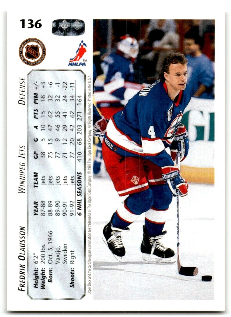 1992-93 Upper Deck Fredrik Olausson Winnipeg Jets #136