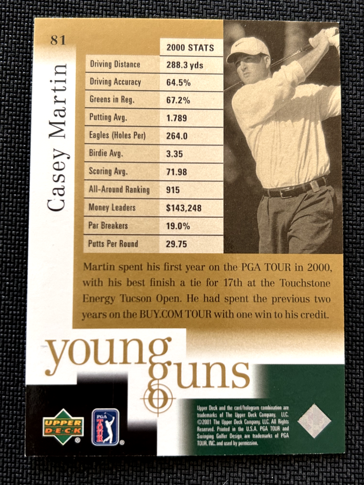 Casey Martin 2001 Upper Deck Young Guns golf rookie card #81