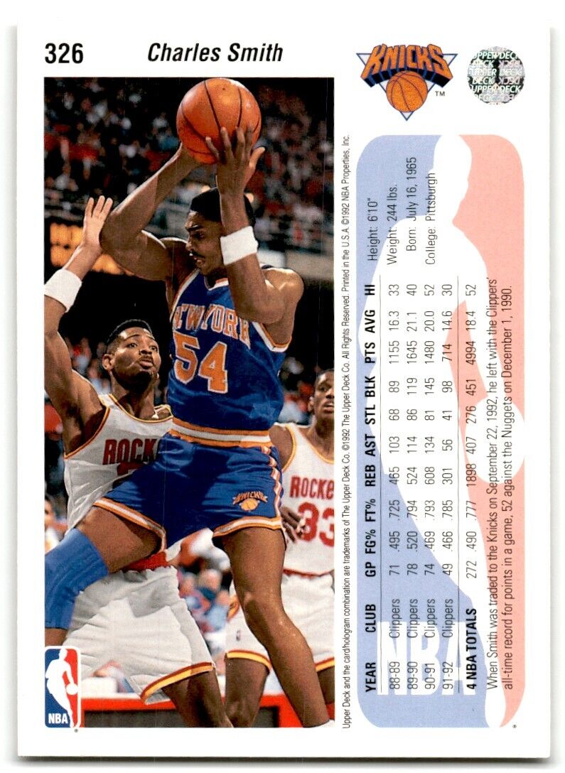 1992-93 Upper Deck Charles Smith New York Knicks #326