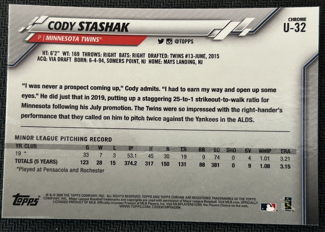 2020 Topps Chrome Update Cody Stashak Rookie Minnesota Twins #U-32