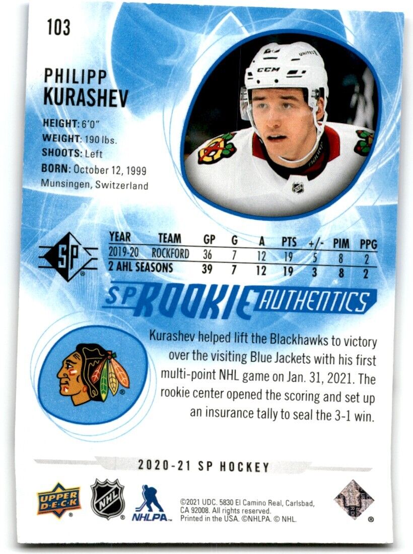 2020-21 Upper Deck Rookie SP Authentic Philipp Kurashev Rookie Chicago