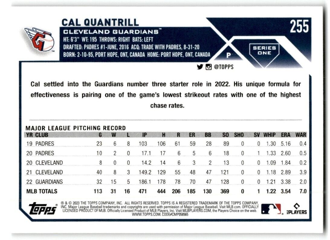 2023 Topps Cal Quantrill Cleveland Guardians #255