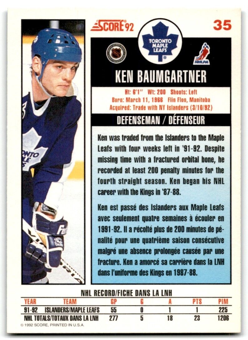 1992-93 Score Ken Baumgartner Toronto Maple Leafs #35