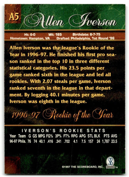 1997-98 Score Board Rookies Allen Iverson Rookie of the Year Allen Iverson