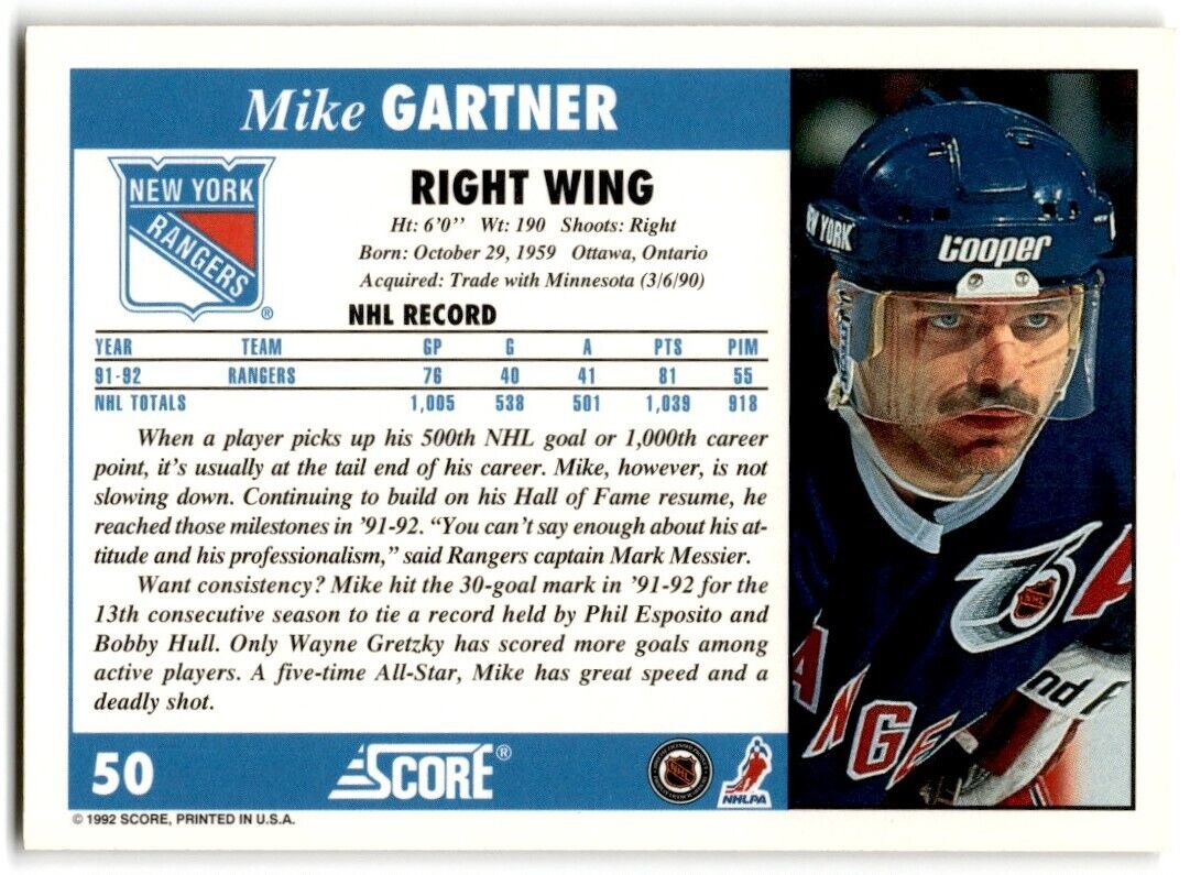 1992-93 Score Mike Gartner New York Rangers #50