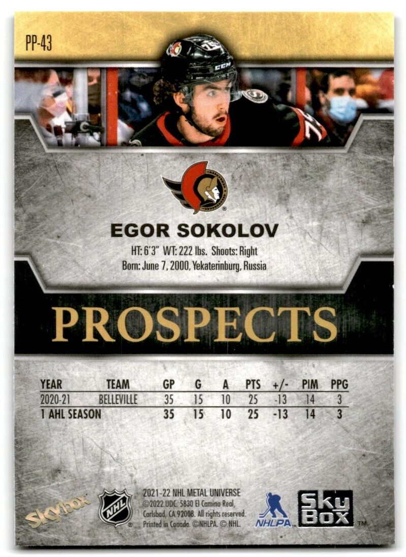 2021-22 Skybox Metal Universe Premium Prospects Egor Sokolov Ottawa Senators