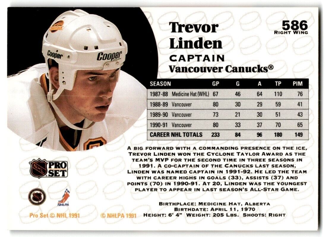 1991-92 Pro Set Trevor Linden Vancouver Canucks #586